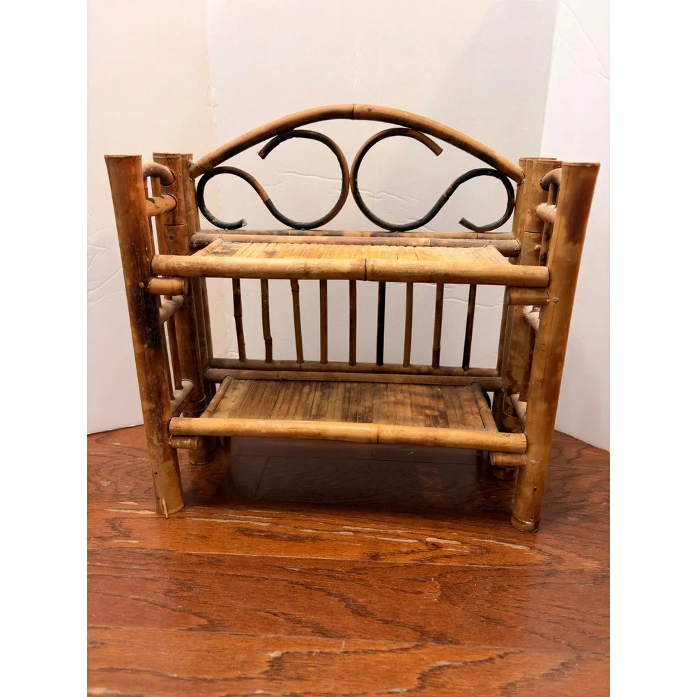 Vintage Burnt Bamboo Folding Wall Shelf Tortoiseshell Mini Boho Rattan Etagere
